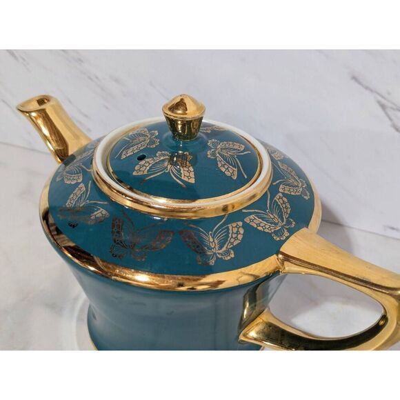 Hall Vintage 6 Cup Teal/Green Tea Pots Gold Accent - Picture 3 of 10